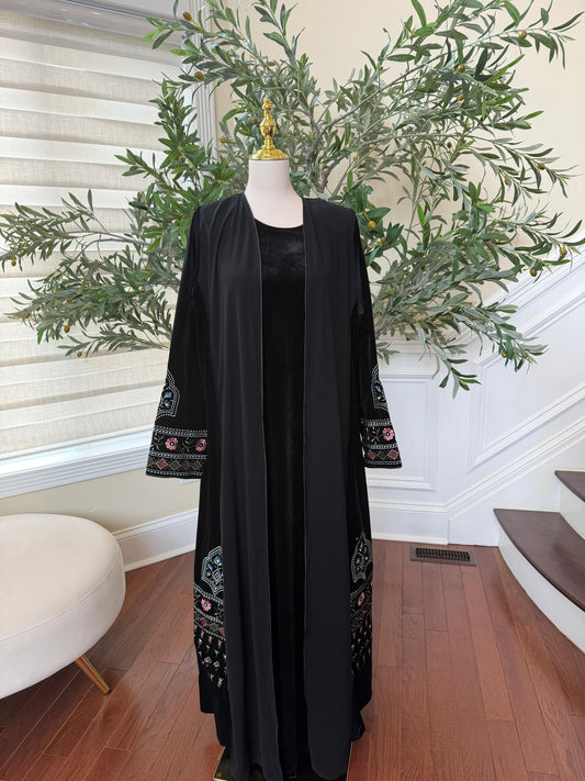 Black Velvet with Chiffon Embroidery Two Piece Abaya