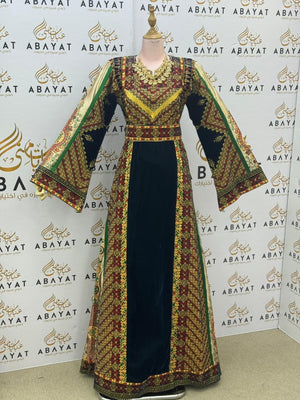Premium Palestinian Velvet Thobe – Black & Olive Green Embroidery