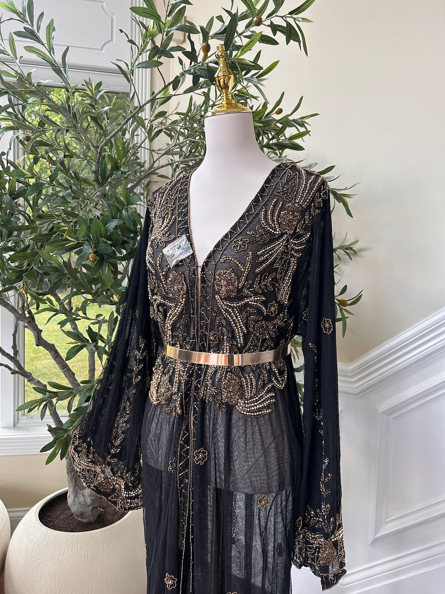 Elegant Designed Floral Golden Stone Cardigan Abaya