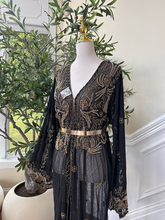 Elegant Designed Floral Golden Stone Cardigan Abaya