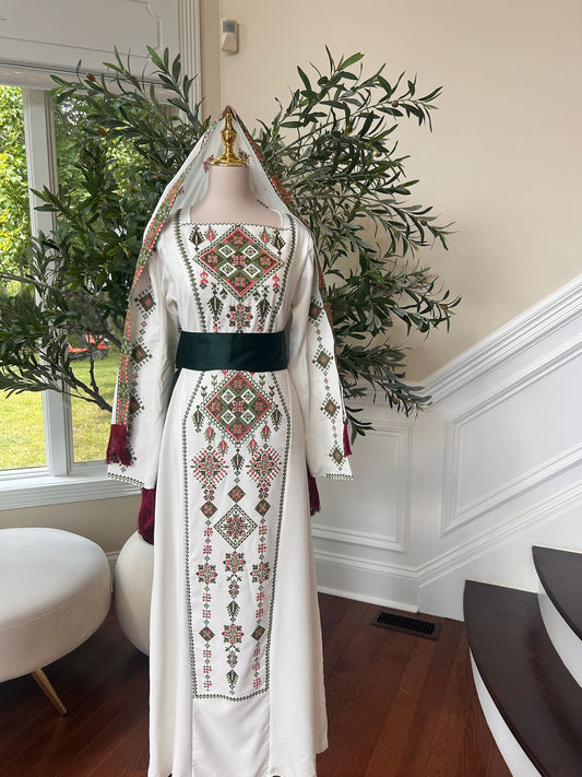 White Thobe Green Tatreez Elegance