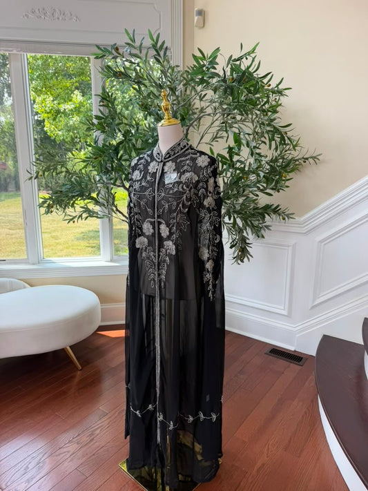 Black Beaded Elegance Cardigan Abaya