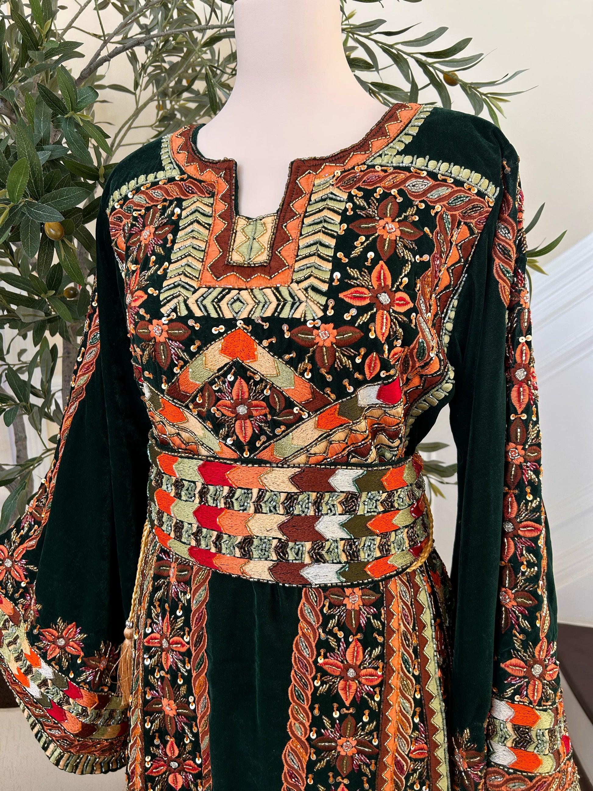 Green Velvet Handmade Embellished Beaded Thobe with Detachable Skirt