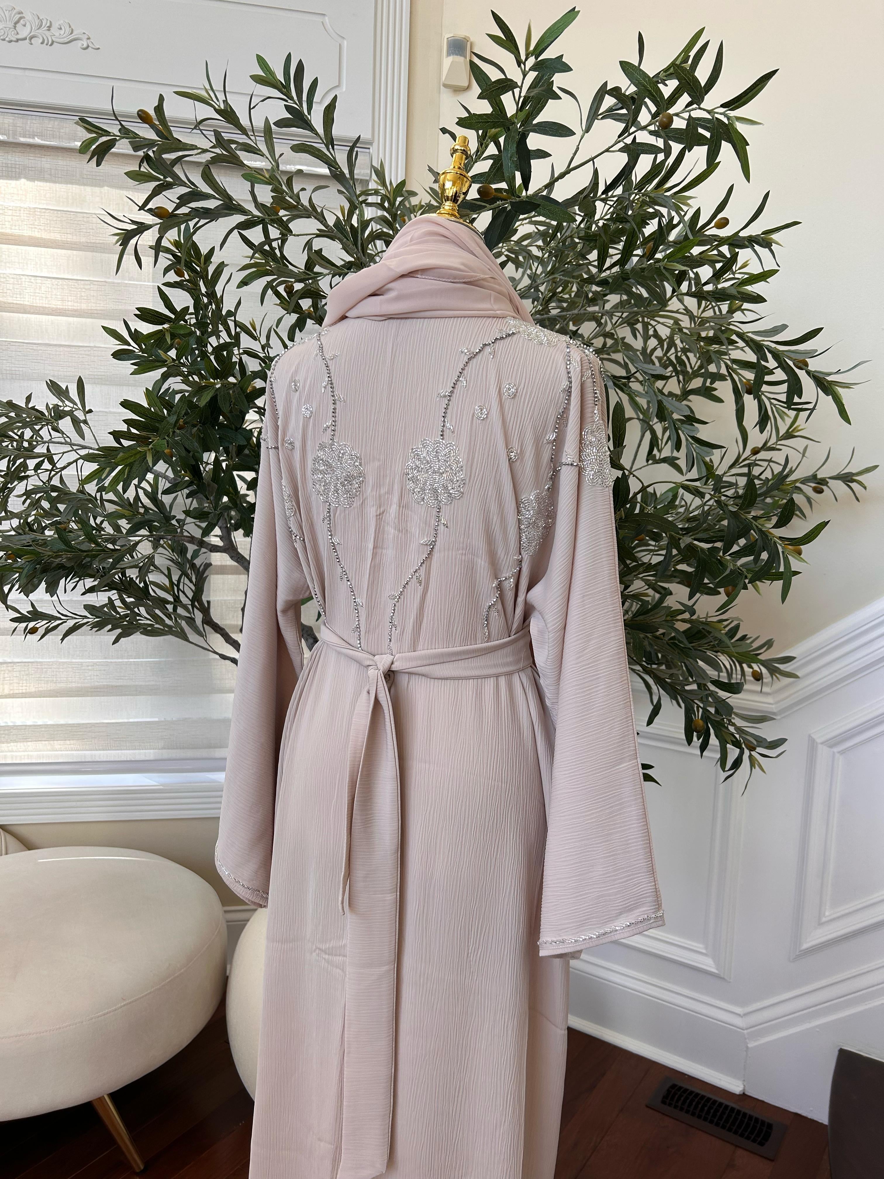 Cream Beaded Charm Abaya