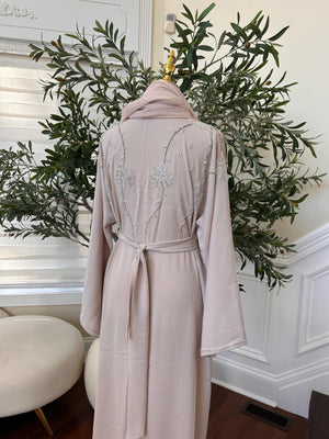 Cream Beaded Charm Abaya