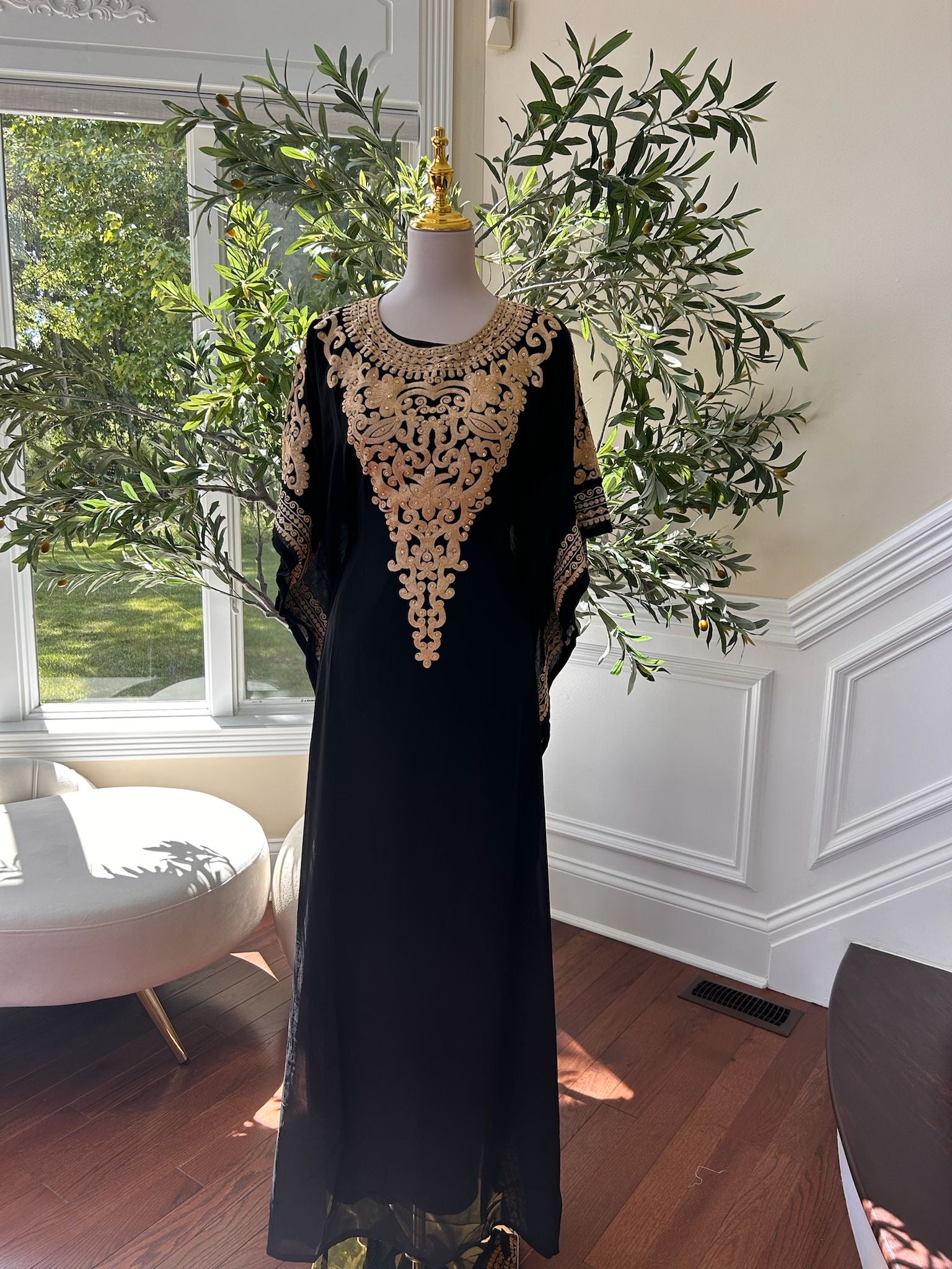 Luxury Black & Gold Embroidered Kaftan Gown