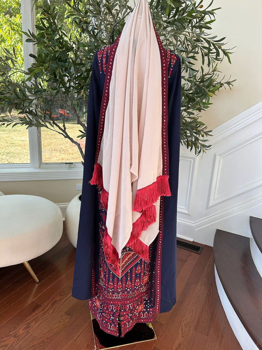 Cream/ Blue Tatreez Red Khirka Shal Mandil