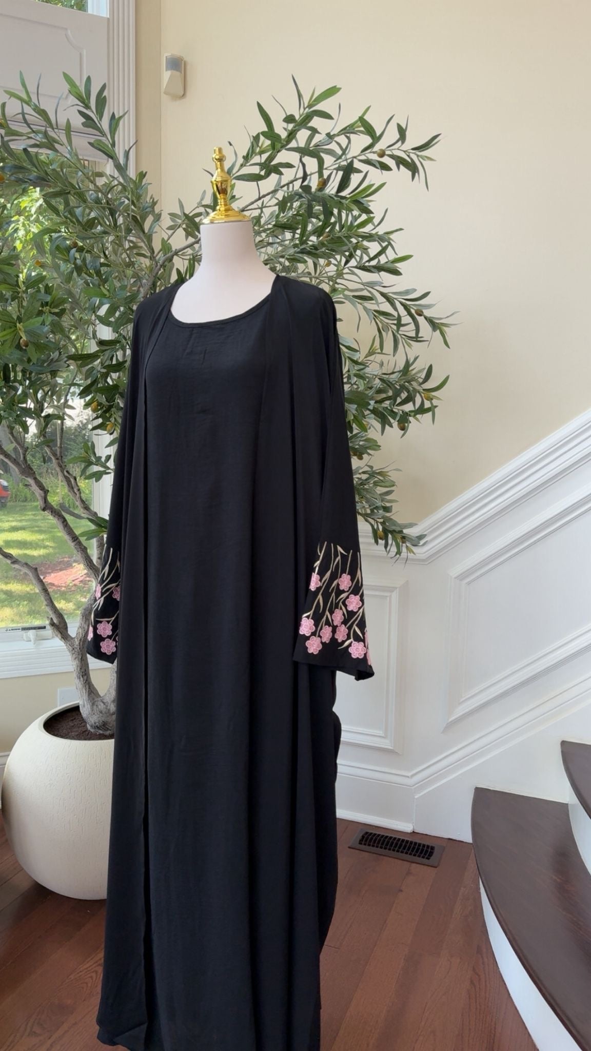 Black Two-Piece Abaya with Pink Floral Sleeve Embroidery #1051