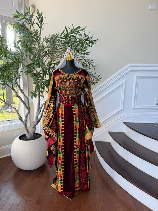 Burgundy Velvet Embroidery Tatreez Thobe