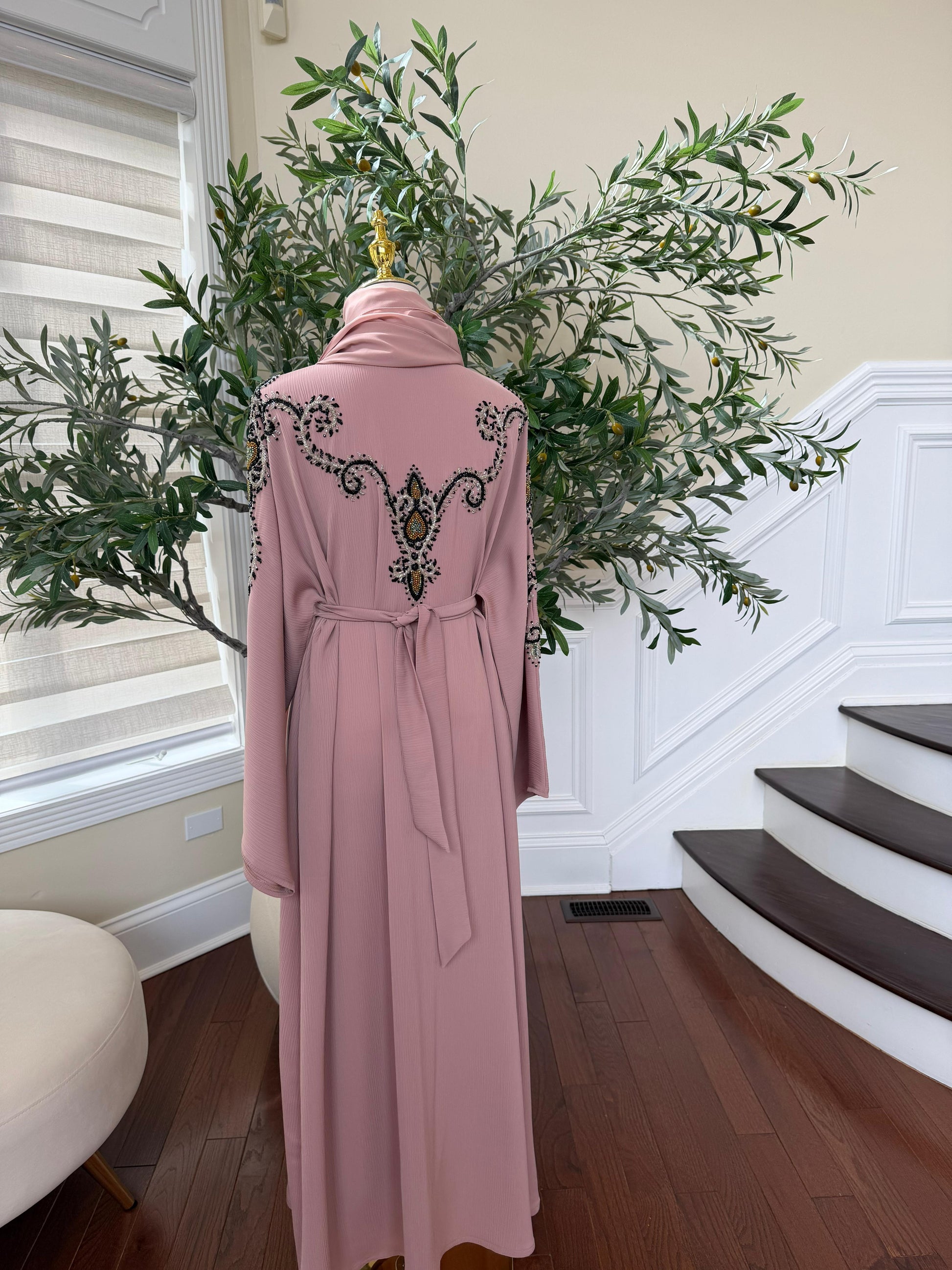 Peach Essence Black Beaded Abaya