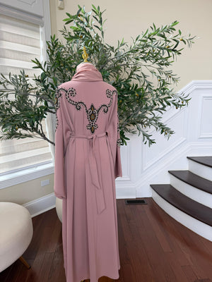 Peach Essence Black Beaded Abaya