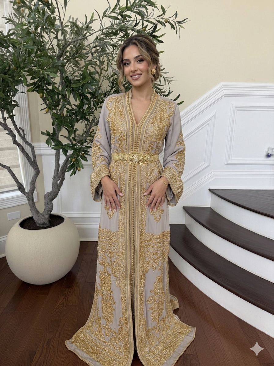 Golden Grey Beaded Elegance Kuftan