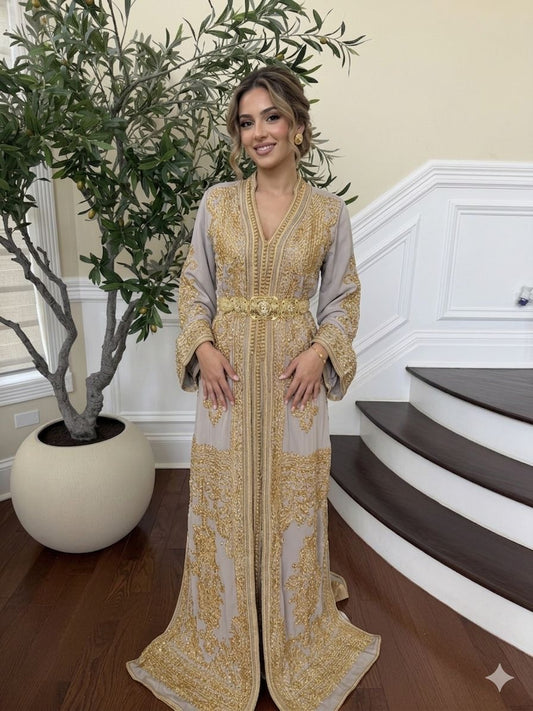 Golden Grey Beaded Elegance Kuftan