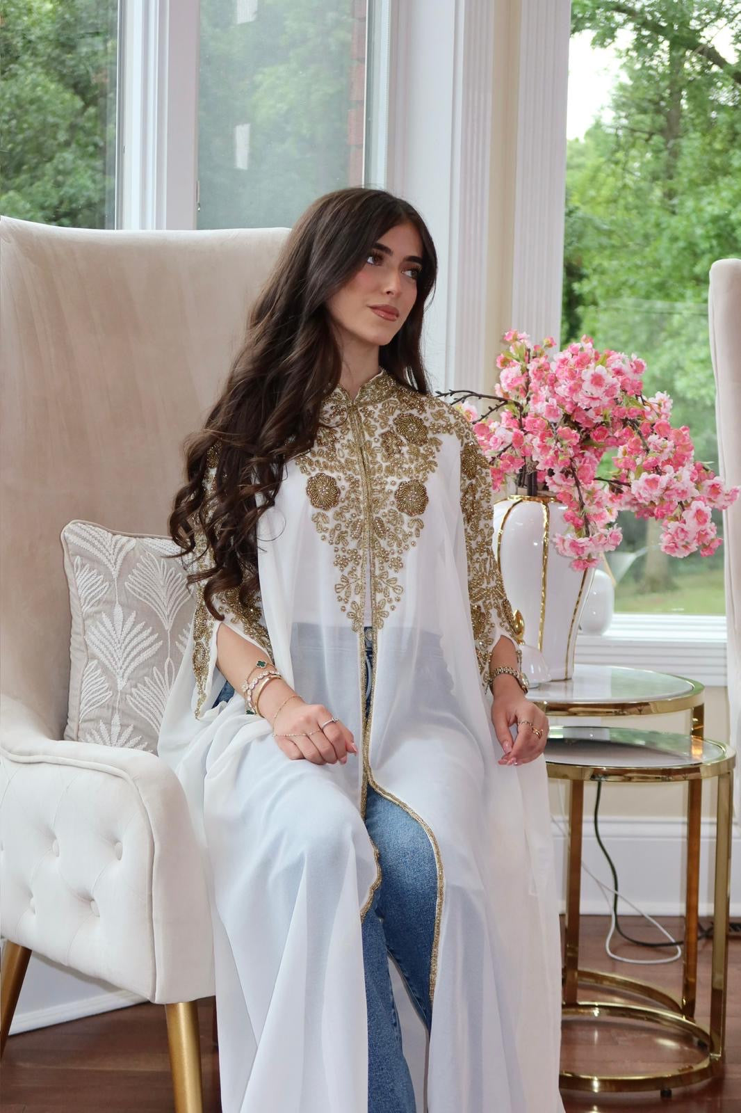 Royal White Abaya with Intricate Gold Detailing ABAYATMUNA Royal White Abaya with Intricate Gold Detailing ABAYATMUNA