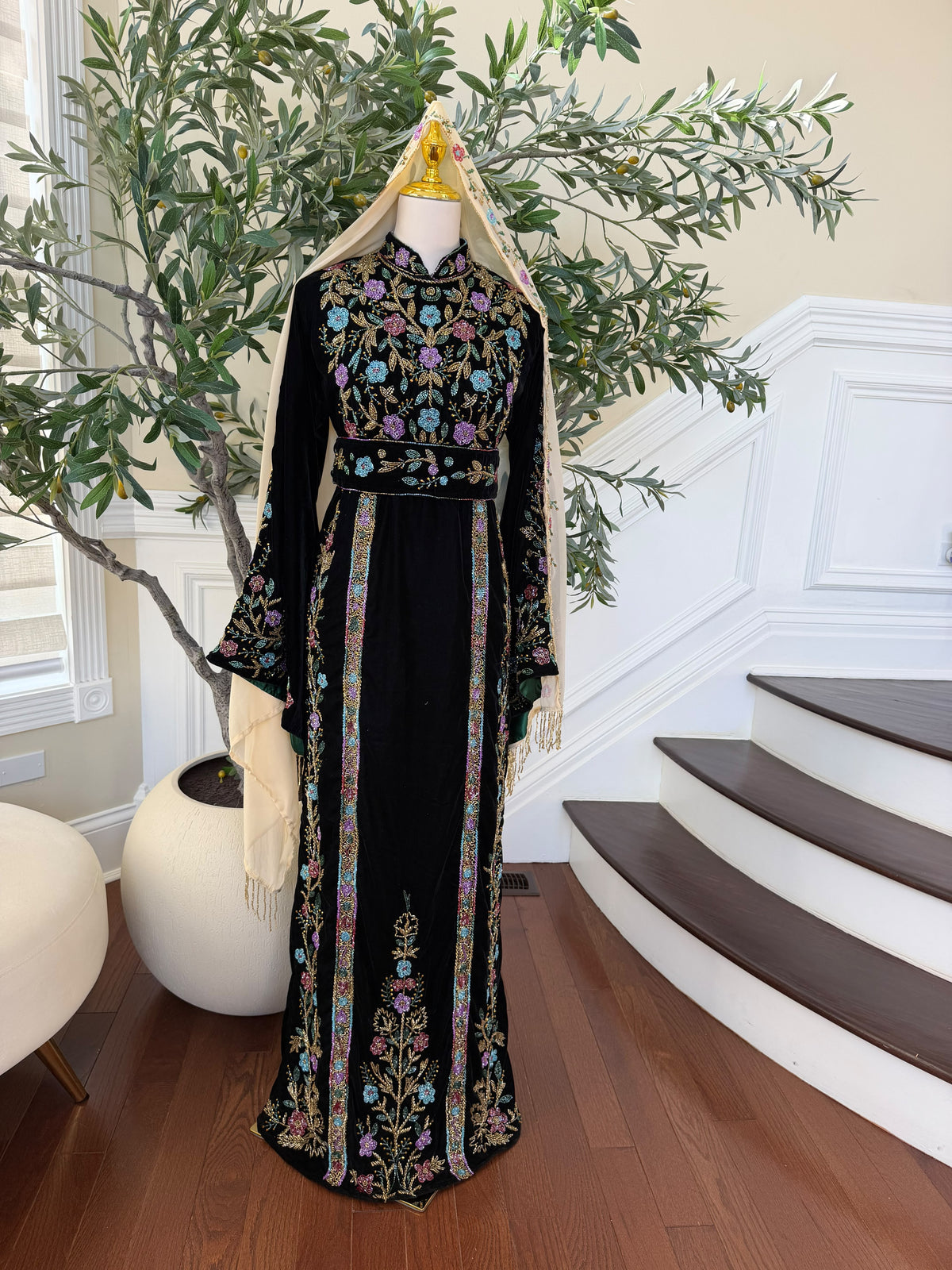Elegant Black Velvet Thobe with Multicolor Floral Embroidery(scarf not included)