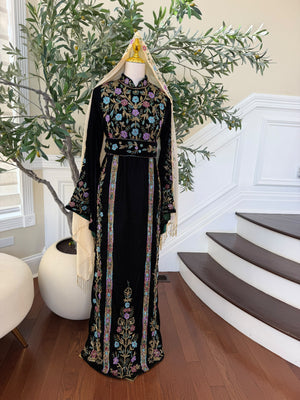 Elegant Black Velvet Thobe with Multicolor Floral Embroidery(scarf not included)