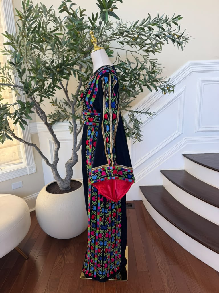 Elegant Navy Blue Velvet Palestinian Thobe with Vibrant Multicolor Floral Embroidery(scarf not included)