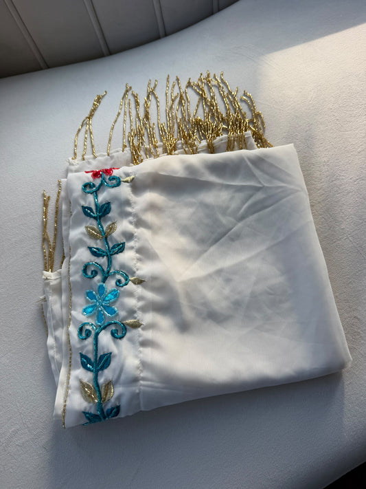 White Palestinian Scarf with multiple colored Floral Embroidery and Gold Fringe