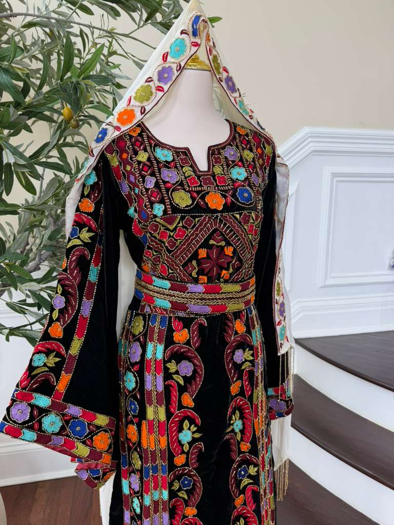 Luxury Bridal Palestinian Thobe with Embroidery Tatreez, Hand Beading & Detachable Overskirt on Rich Velvet Fabric