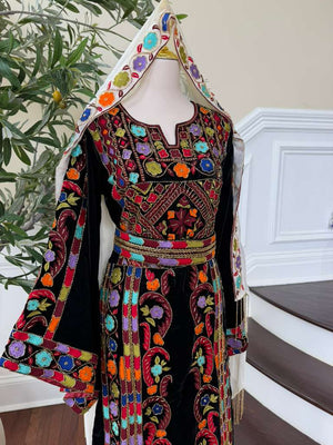 Luxury Bridal Palestinian Thobe with Embroidery Tatreez, Hand Beading & Detachable Overskirt on Rich Velvet Fabric
