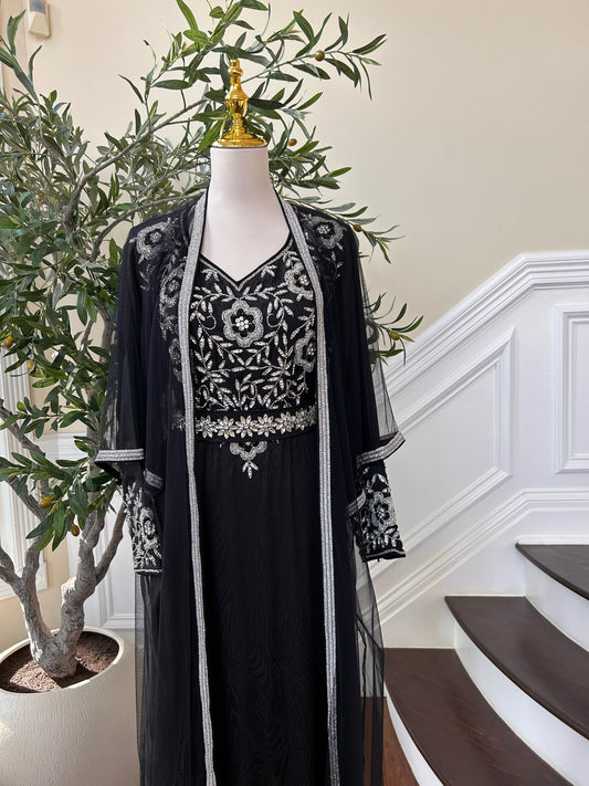 Black Silver Stone Beaded Kuftan