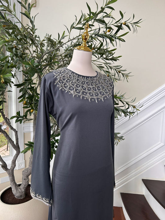 Grey Beaded Occasion Wear Dress