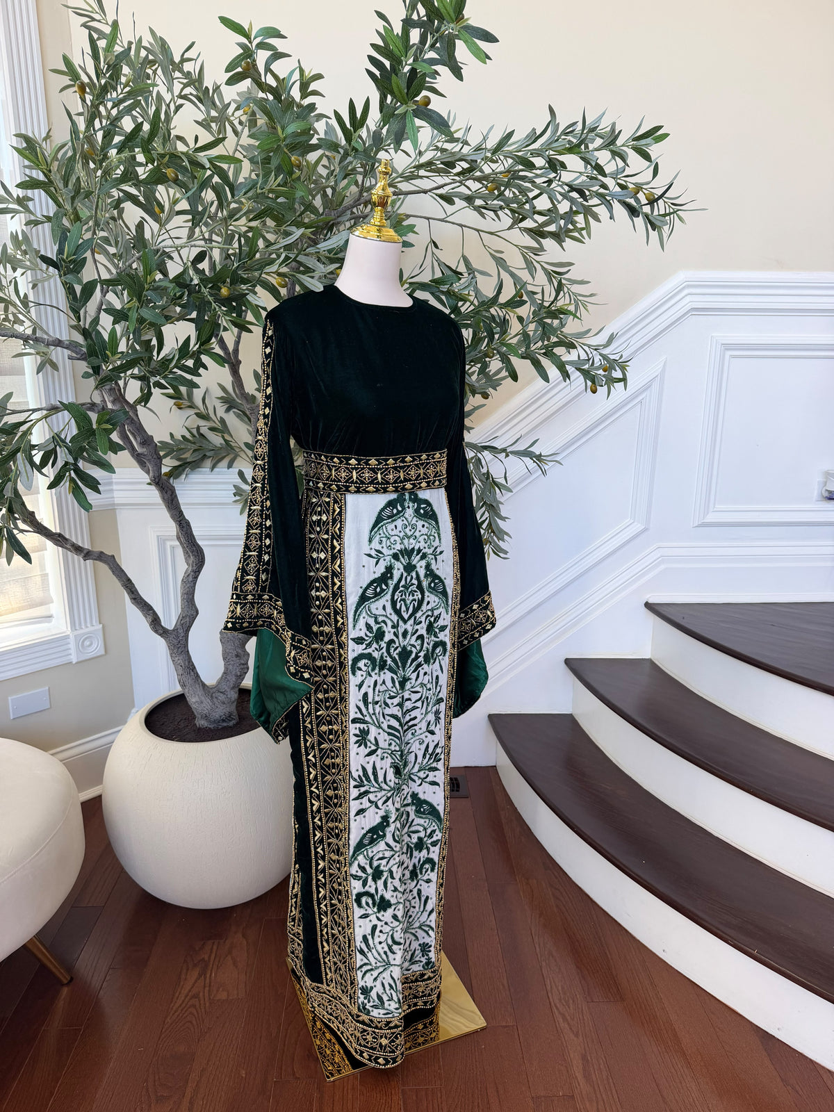 Elegant Black Velvet Thobe with Emerald Green Embroidery and Gold Detailing