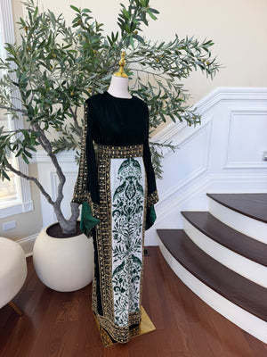 Elegant Black Velvet Thobe with Emerald Green Embroidery and Gold Detailing