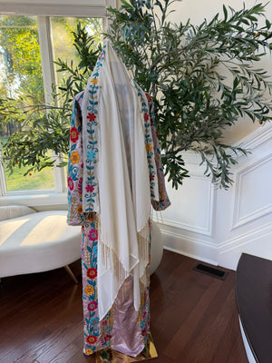 Blush Pink Palestinian Stone Thobe with Vibrant Multicolor Floral Embroidery(scarf not included)