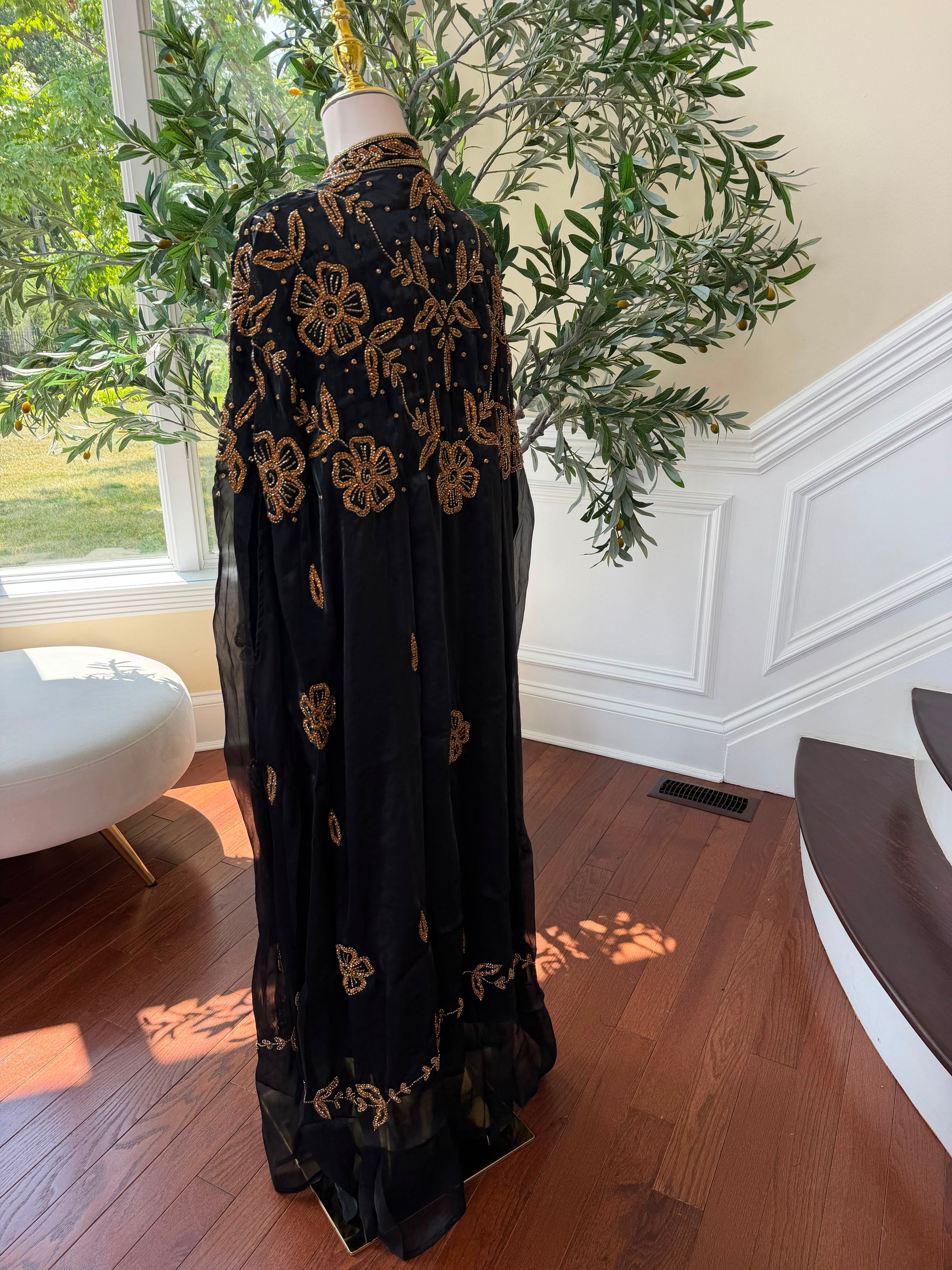 Golden Floral Black Cardigan Abaya