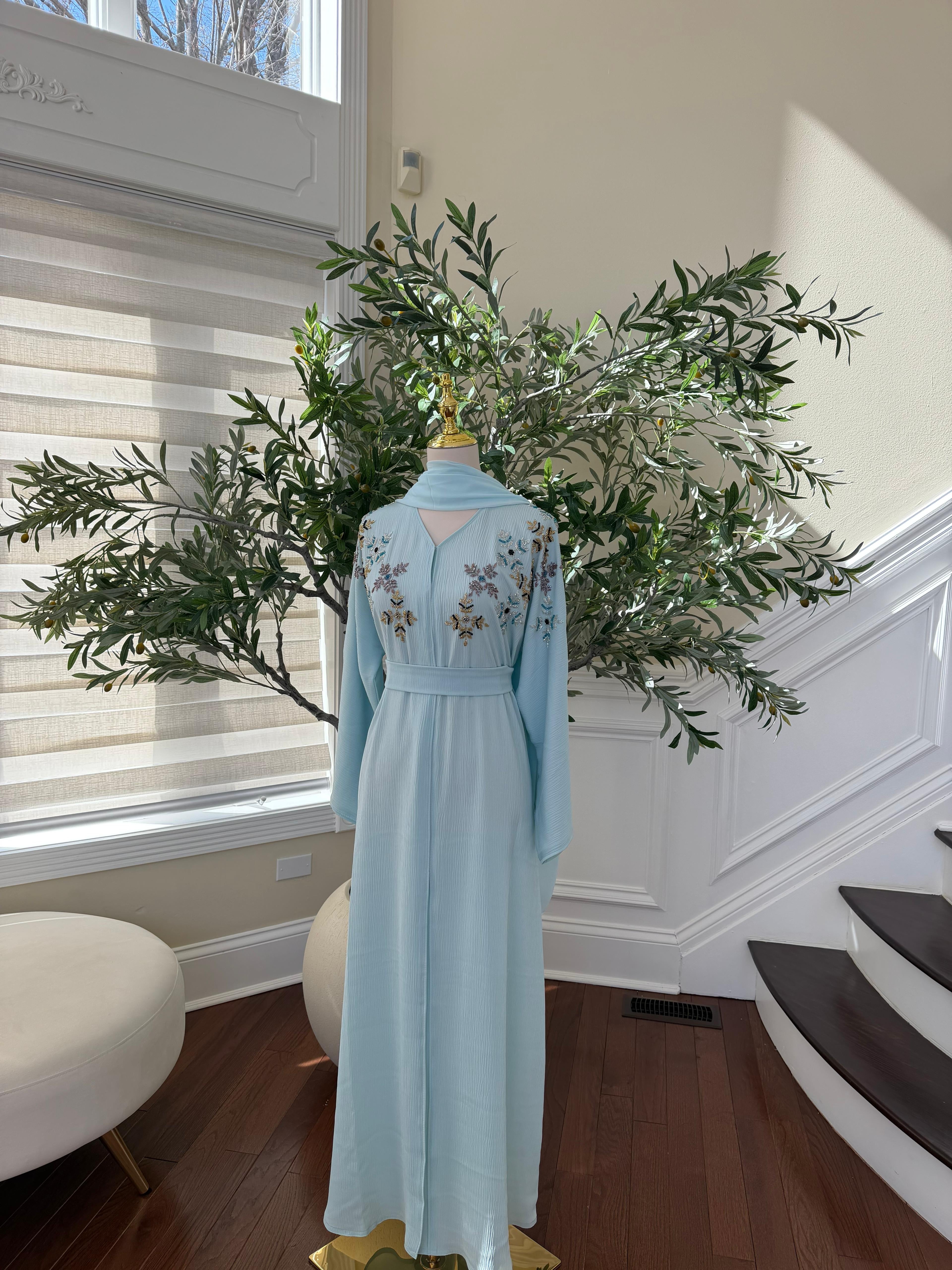 Baby Blue Floral Sequin Abaya