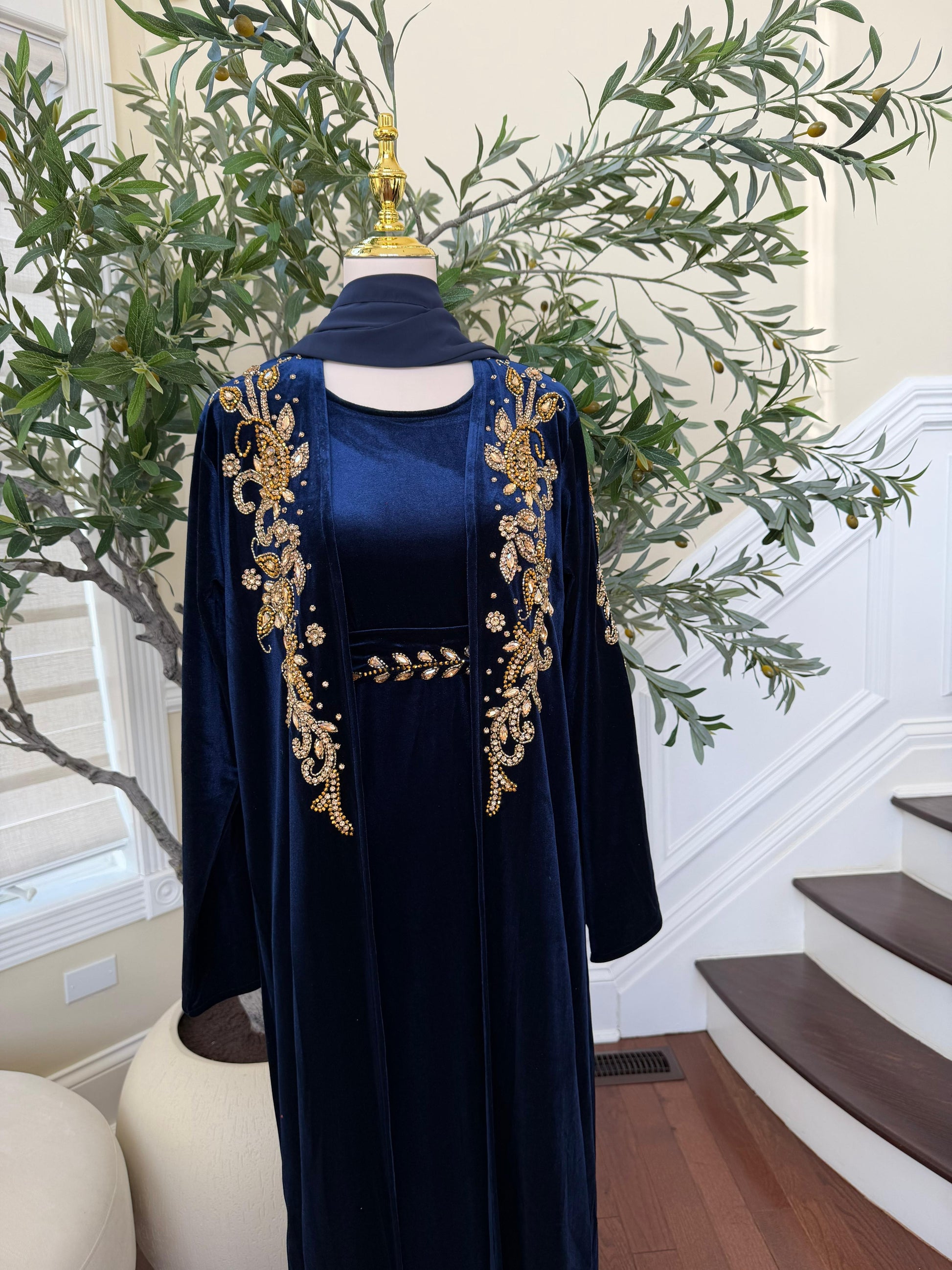 Navy Blue Golden Two Piece Charm Abaya