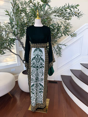 Elegant Black Velvet Thobe with Emerald Green Embroidery and Gold Detailing