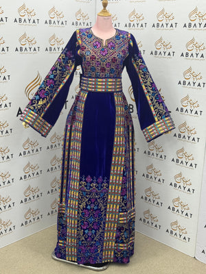 “Royal Blue Velvet Palestinian Embroidered Thobe – Luxurious Tatreez Occasion Dress A09042025