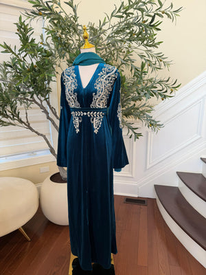 Turquoise Velvet Stone Beaded Abaya