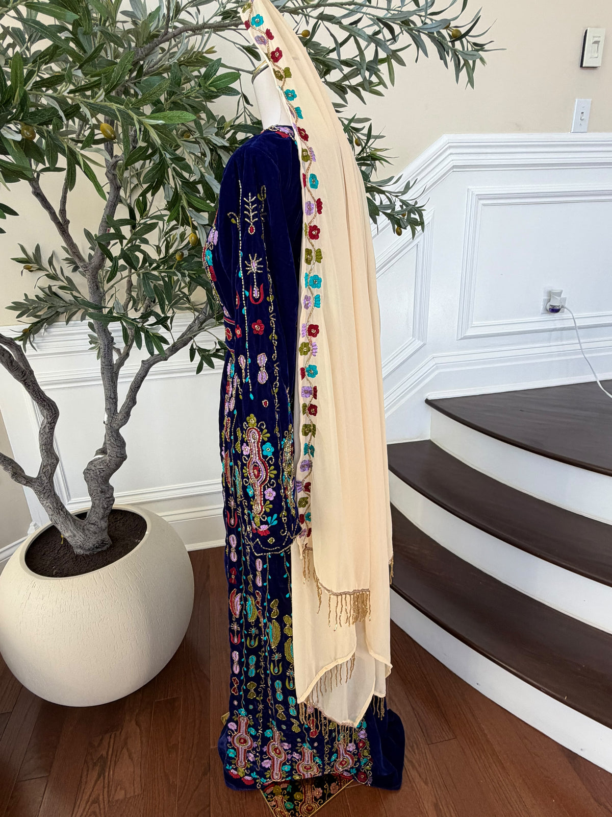 Elegant Cream Floral Embroidered Shawl with Gold Beaded Fringe