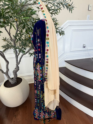 Elegant Cream Floral Embroidered Shawl with Gold Beaded Fringe