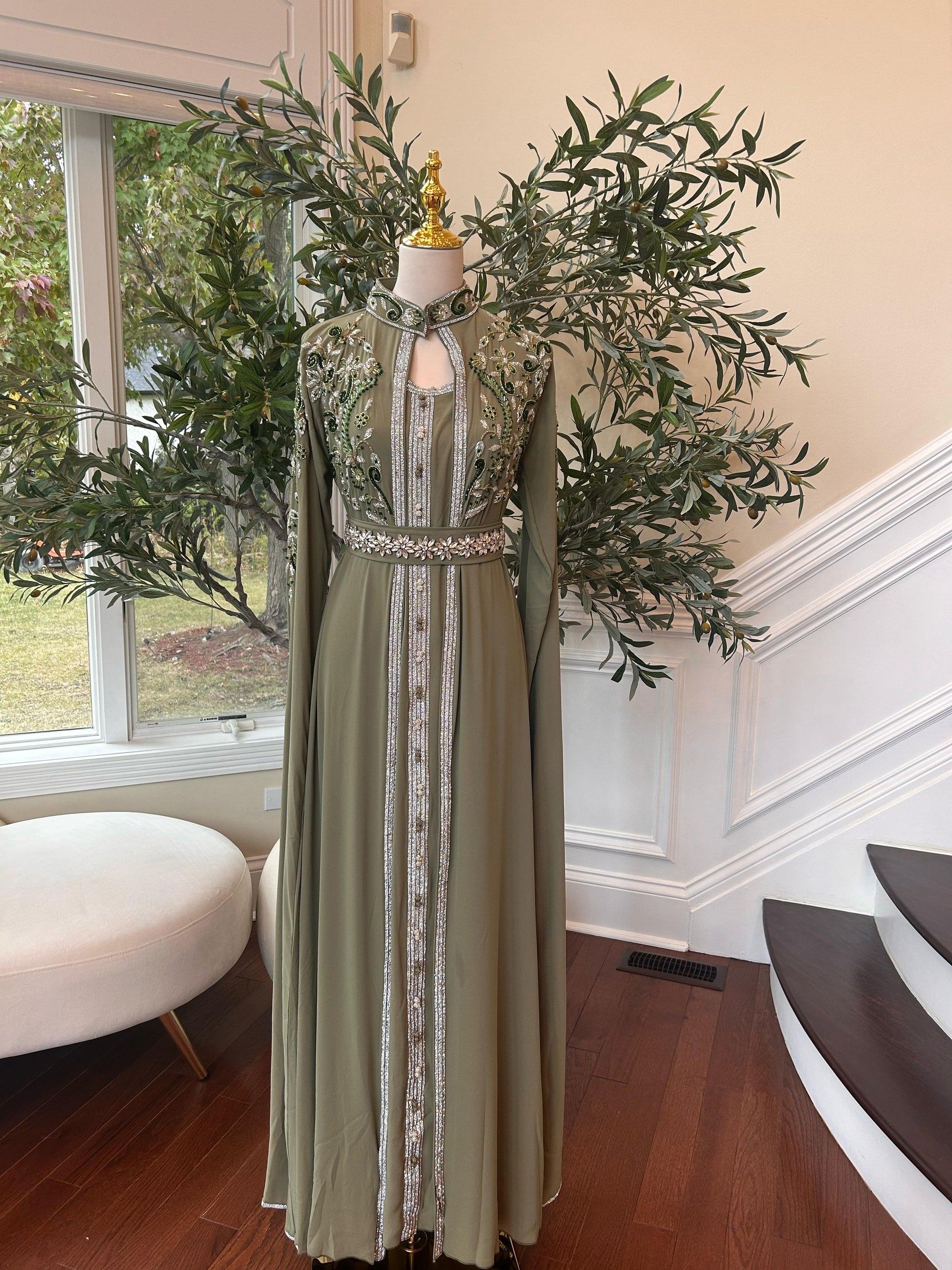 Olive Beaded Stone Kuftan