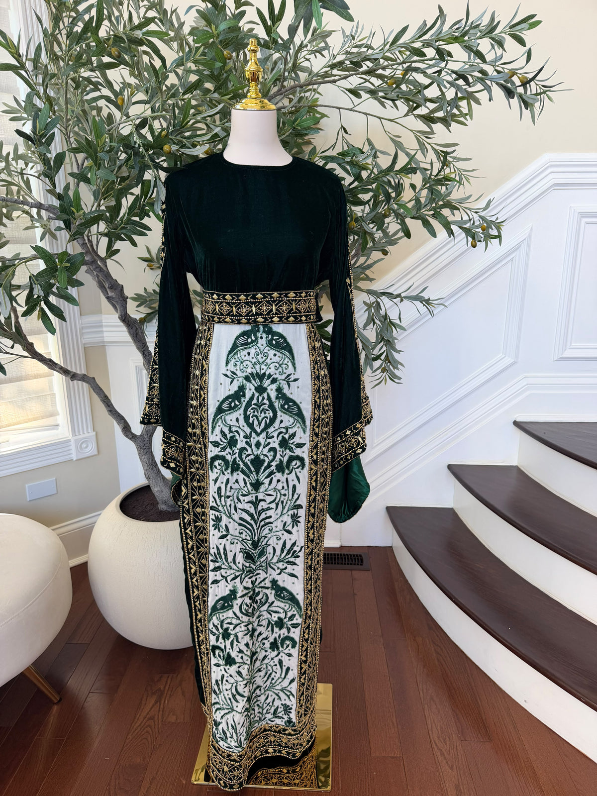 Elegant Black Velvet Thobe with Emerald Green Embroidery and Gold Detailing