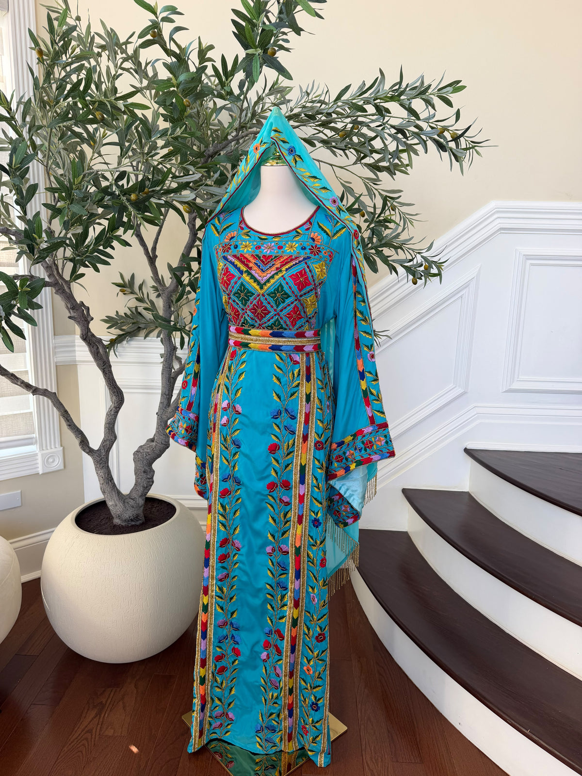 Turquoise Floral Embroidered Palestinian Thobe – Scarf Not Included