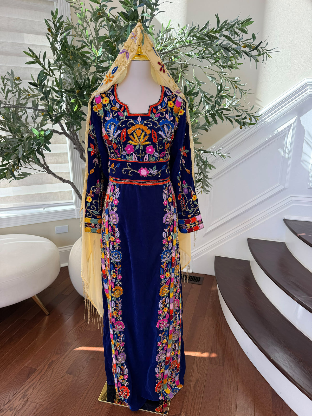 Royal Blue Velvet Palestinian Thobe with Colorful Floral Embroidery – Scarf Not Included
