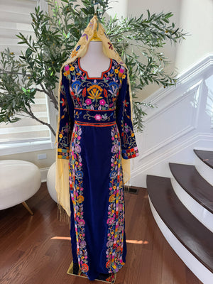 Royal Blue Velvet Palestinian Thobe with Colorful Floral Embroidery – Scarf Not Included