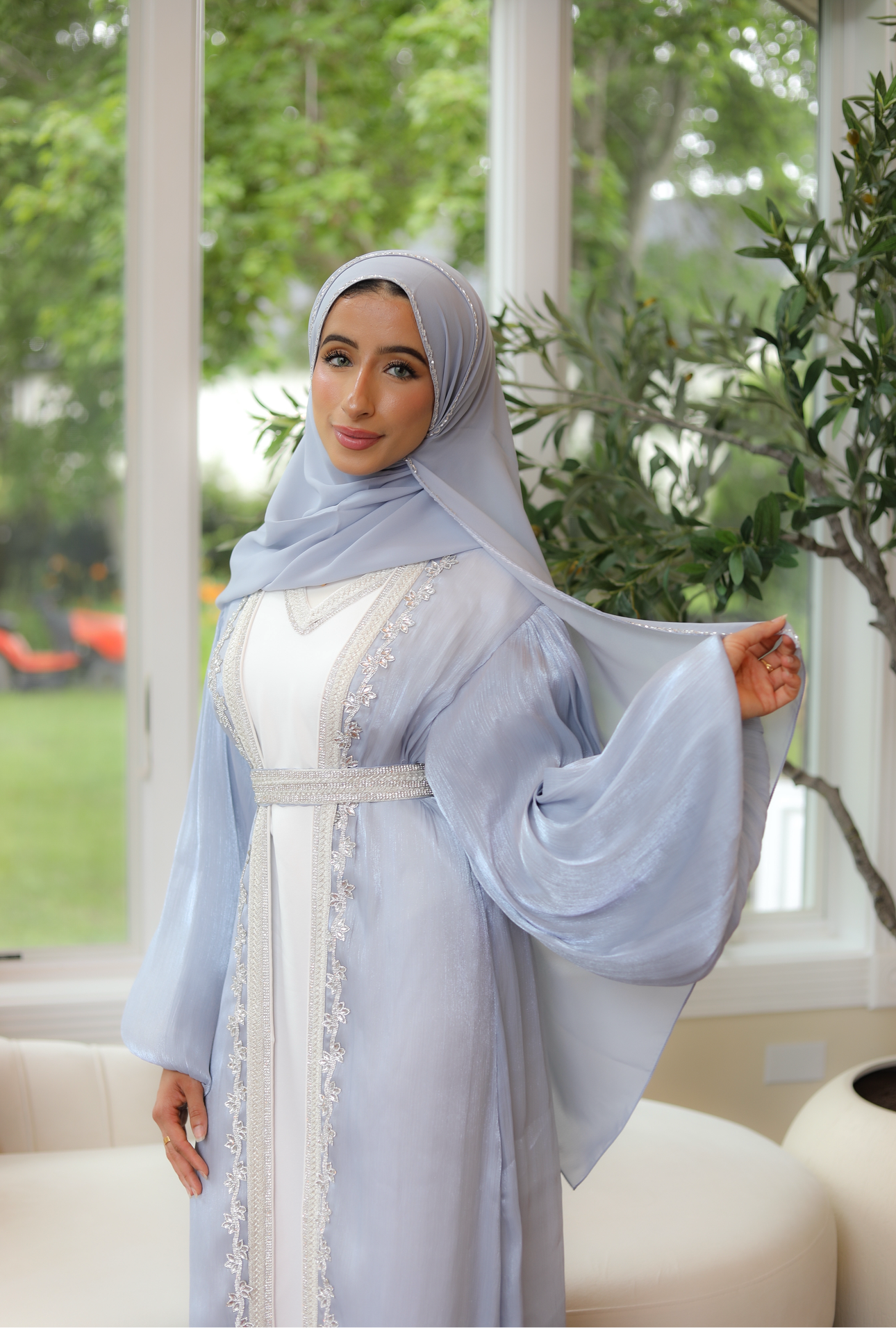 Baby Blue Kuftan with Delicate Silver Beading