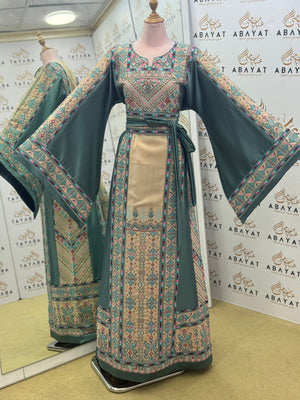 Palestinian Embroidered Thobe – Olive Green with Wide Sleeves
