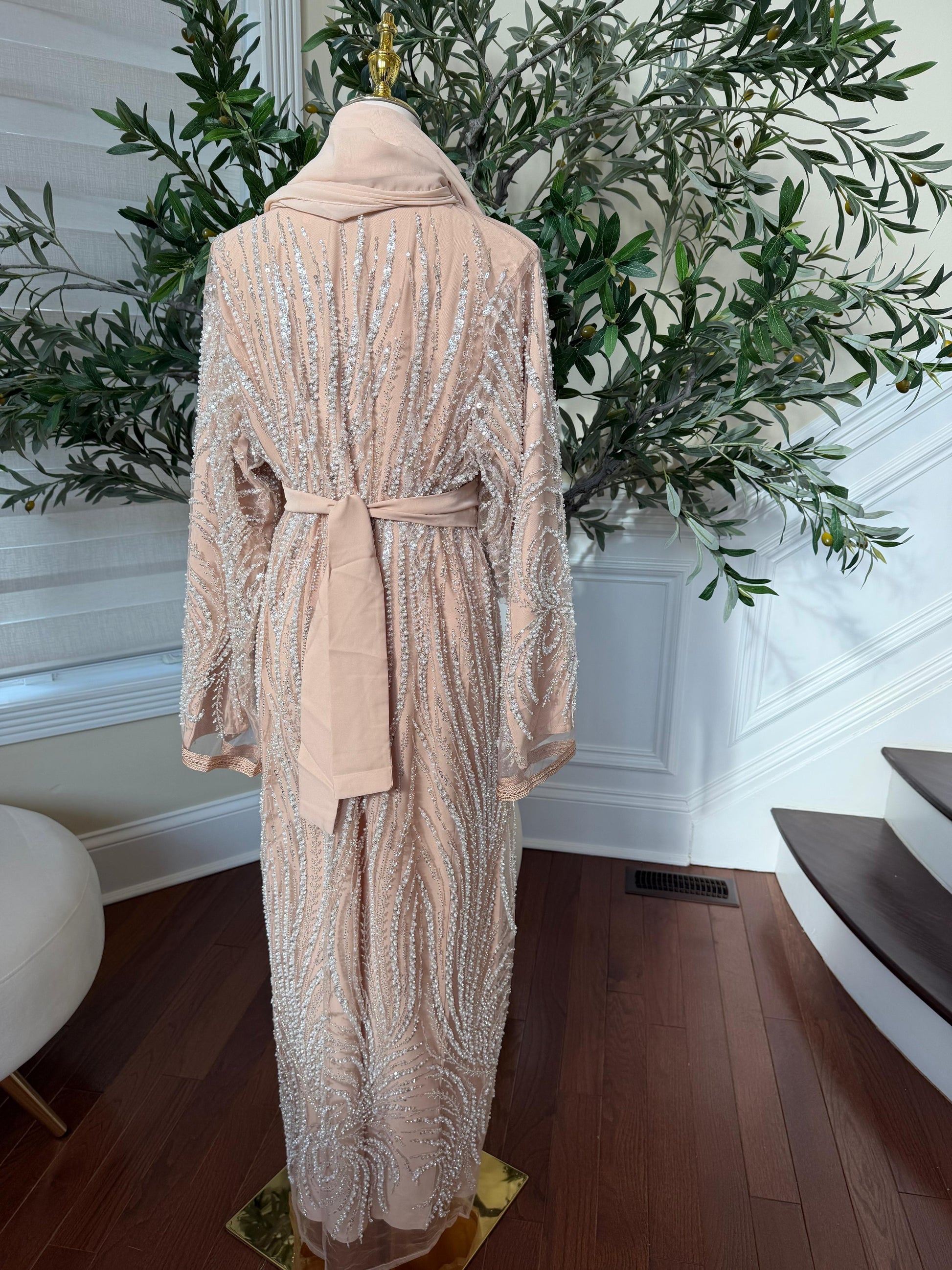 Peach Silver Sequin Beaded Abaya