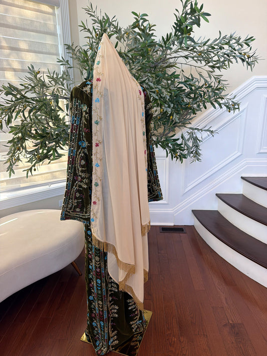 Elegant Beige Scarf with Colorful Floral Beadwork and Gold Fringe