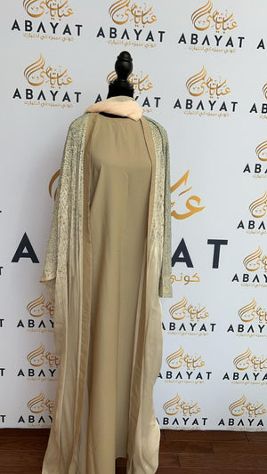 Elegant Beige Sparkled Abaya Set with Coordinating Hijab#8097628