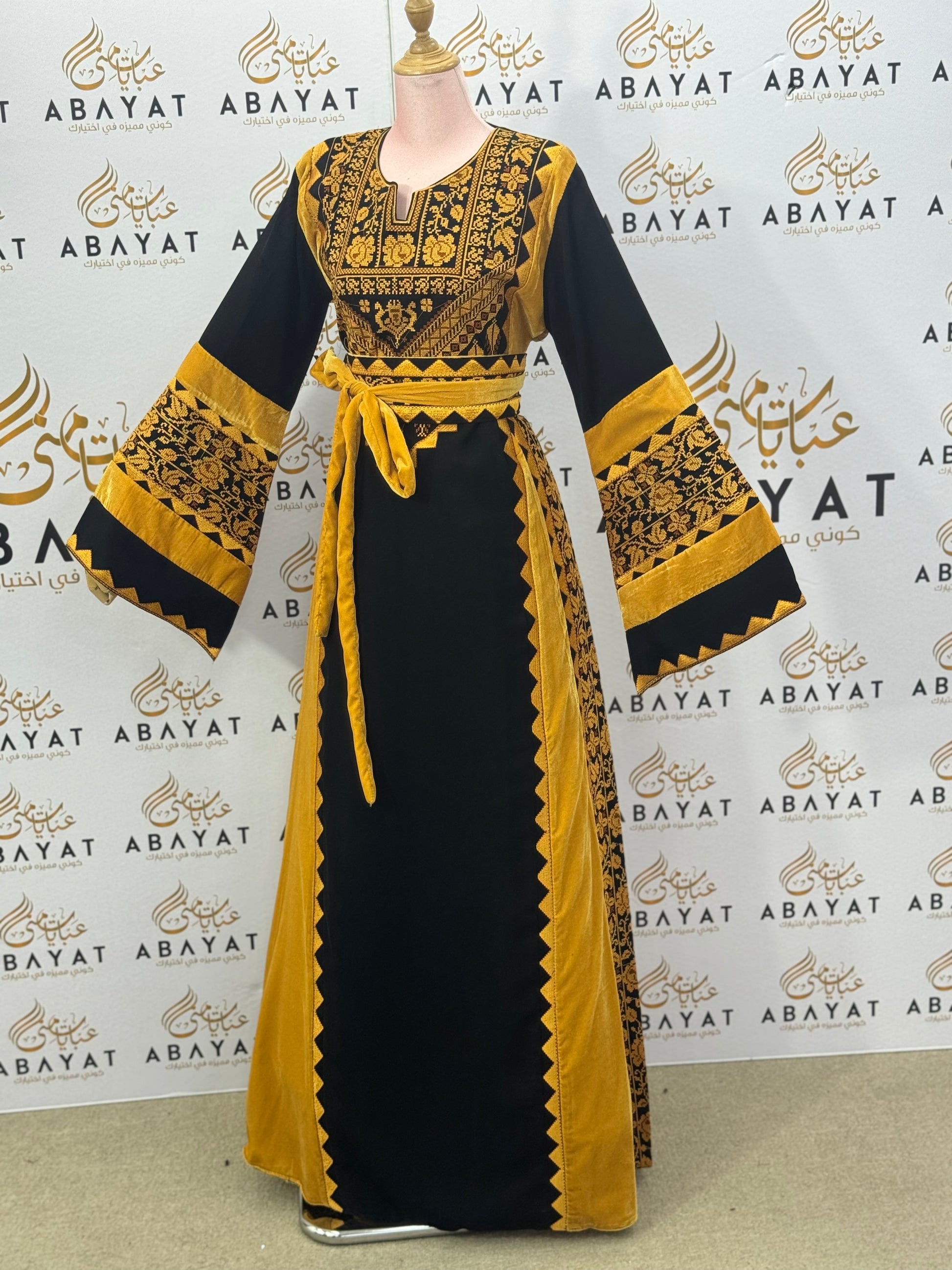 Black & Mustard Palestinian Thobe – Mixed Velvet and Fabric Design