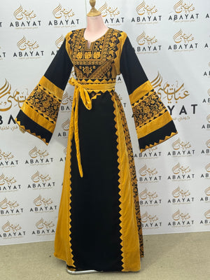 Black & Mustard Palestinian Thobe – Mixed Velvet and Fabric Design