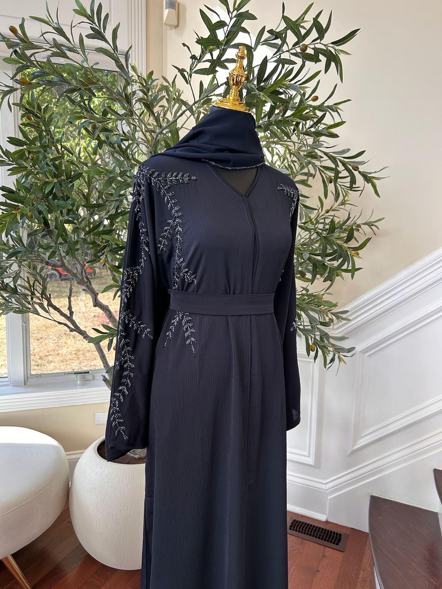 Navy Blue Rose Floral Abaya